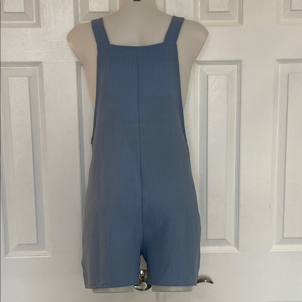 EMORY ROSE BLUE SLEEVELESS KNOT FRONT POCKET PATCHED OVERALL ROMPER SZ MED - Picture 6 of 10